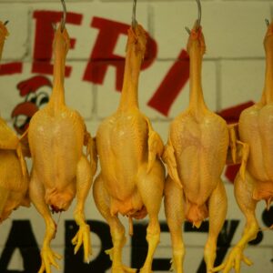 Close-up of raw chickens hanging on hooks in a market, ready for sale.